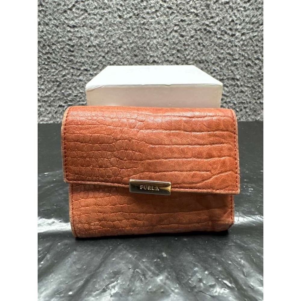Furla Womens Crocodile Embossed Genuine Leather Compact Wallet Brown 5" x 4"